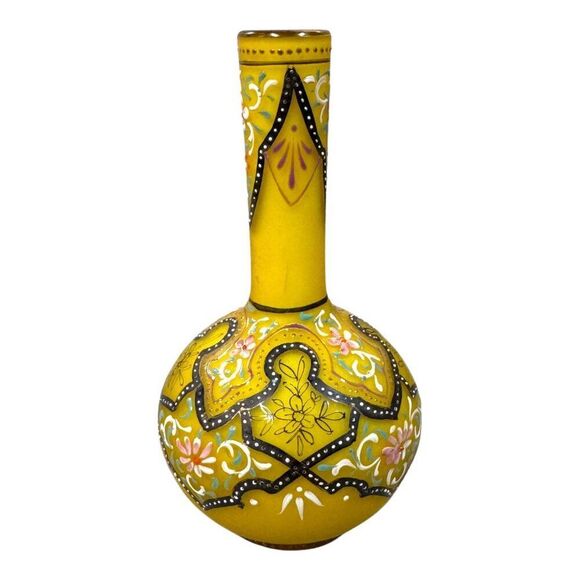 Antique Webb Moroccan Yellow Glass Vase Set Hand-Painted Floral Glows Orange - Picture 12 of 13